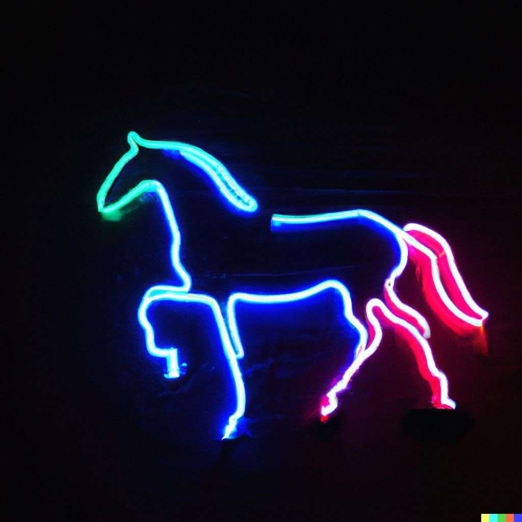 a horse, neon sign on a black wall